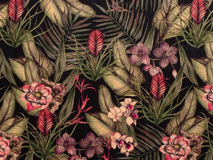 Rainforest Floral Printed Velvet, Black