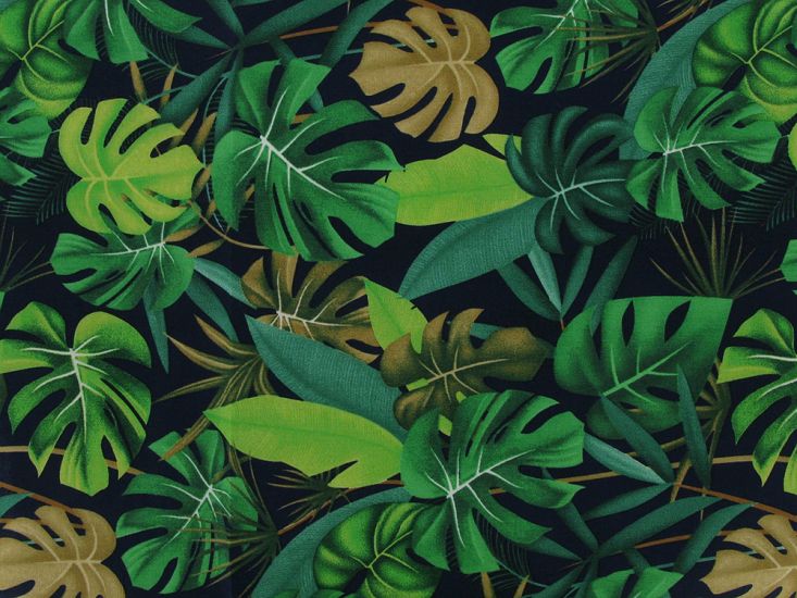 Rainforest Jungle Leaves Cotton Poplin, Navy