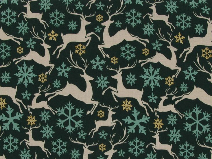 Reindeer Golden Snowflake Cotton Poplin Print, Green