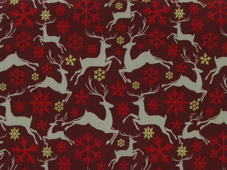 Reindeer Golden Snowflake Cotton Poplin Print, Red