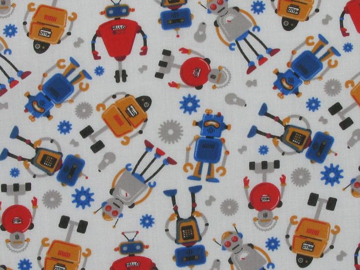 Roaming Robots Polycotton Print, White