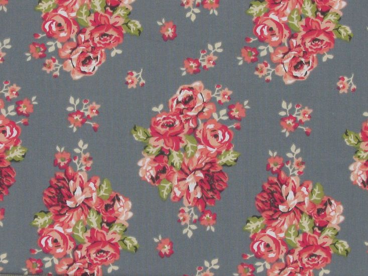 Rose Cluster Polycotton Print, Dark Grey