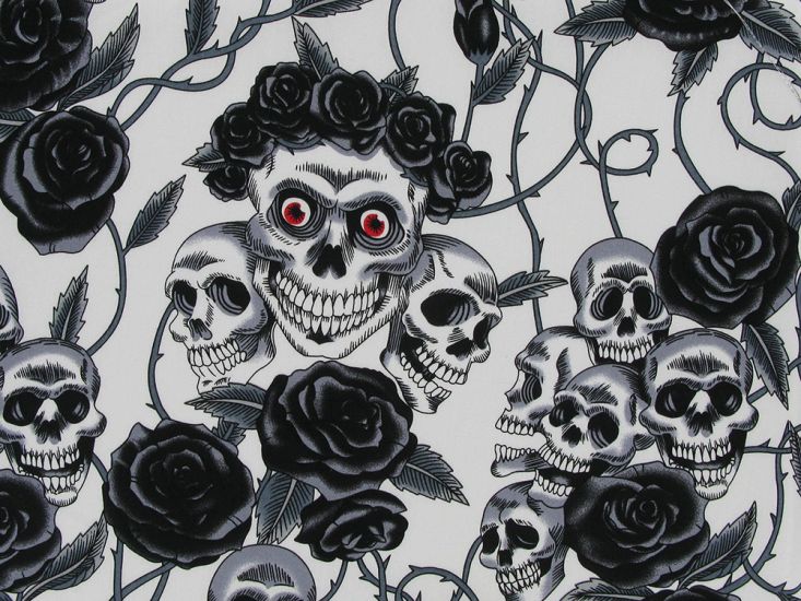 Rose Crown Skull Cotton Poplin, Black And White