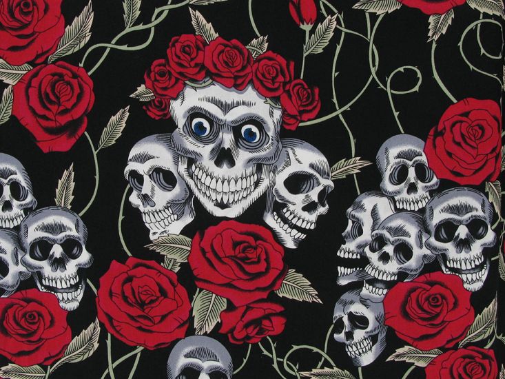 Rose Crown Skull Cotton Poplin, Black and Red