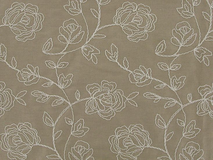 Rose Embroidered Linen Viscose Blend , Beige