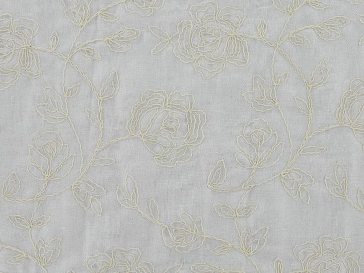 Rose Embroidered Linen Viscose Blend , Cream