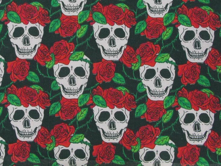 Rose Wreath Skull Polycotton Print, Black