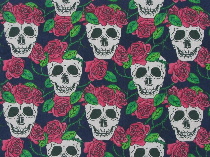 Rose Wreath Skull Polycotton Print, Navy