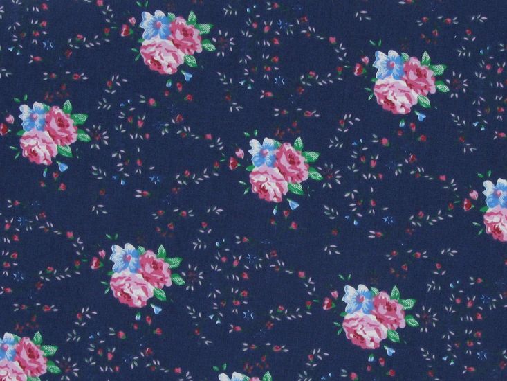 Roses and Petals Polycotton Print, Navy