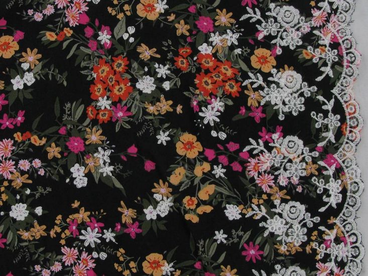 Rosie Garden Embroidered Scalloped Edged Viscose, Black