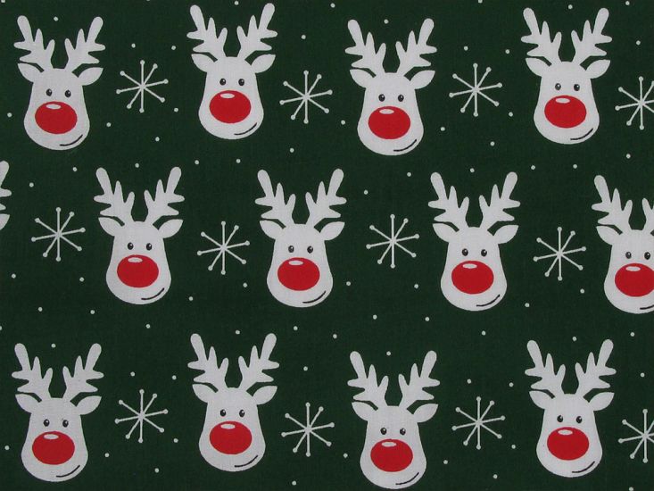 Rudolf Snowflake Christmas Polycotton Print, Green