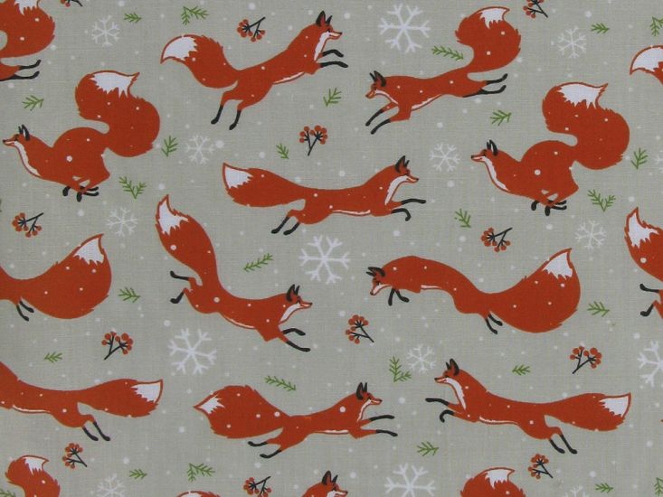 Running Fox Christmas Polycotton Print, Cream