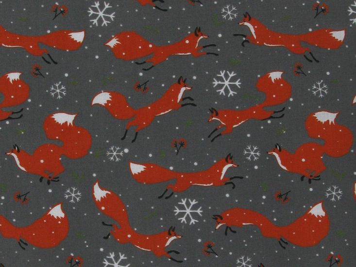 Running Fox Christmas Polycotton Print, Grey