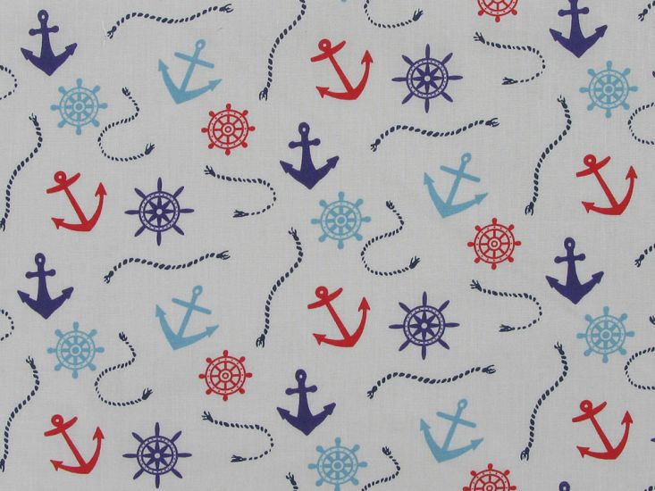 Sailors Anchor Polycotton Print, White