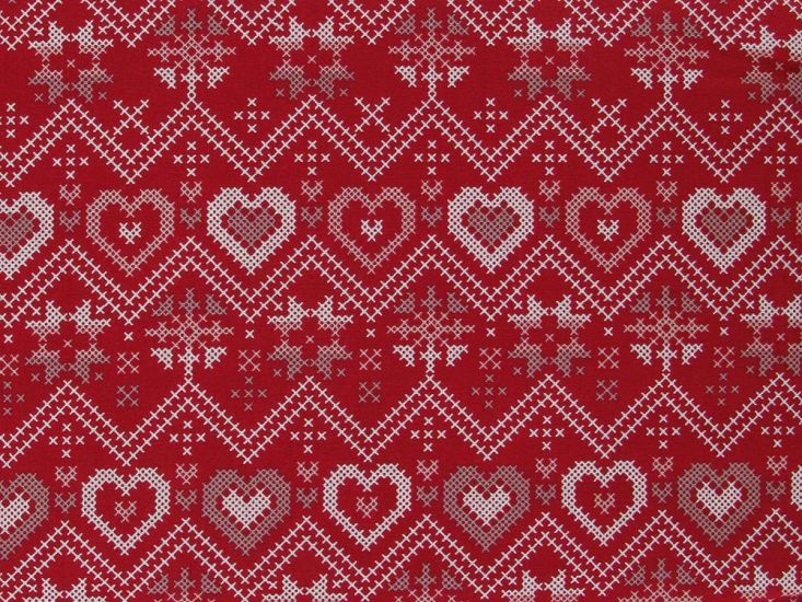 Hearts Knit Christmas Cotton Print, Red