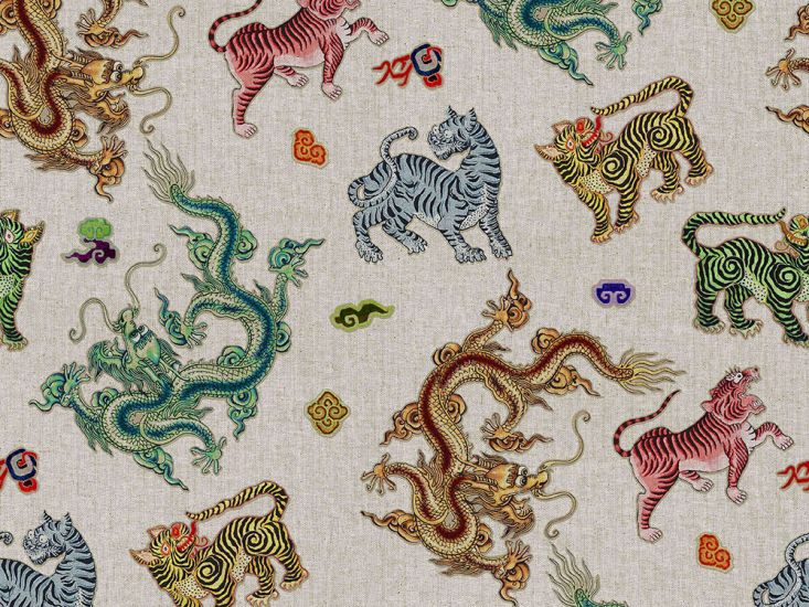Showcase Cotton Rich Printed Panama, Gongbi Dragons