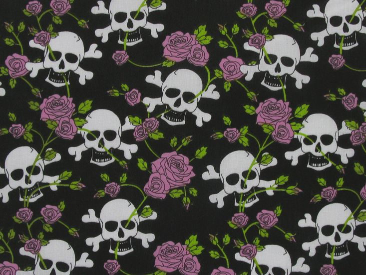 Skull and Crossbones Rose Polycotton Print, Pink