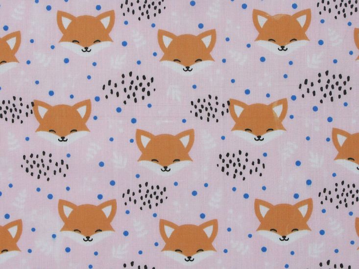 Smiley Fox Polycotton Print, Pink