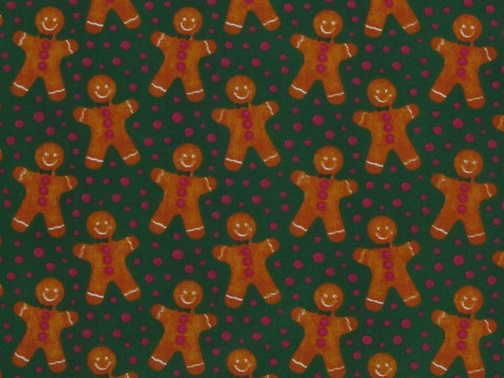 Smiling Gingerbread Men Polycotton Print, Green