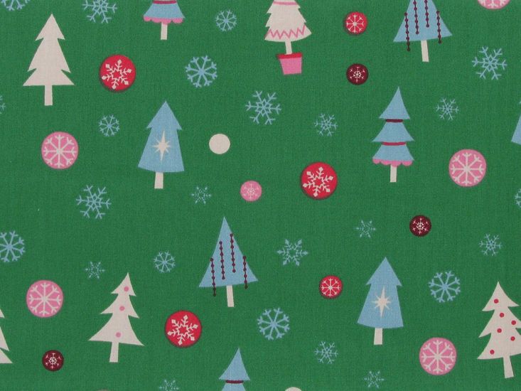 Snowflake Christmas Tree Cotton Print, Green