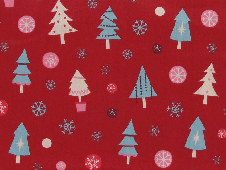Snowflake Christmas Tree Cotton Print, Red
