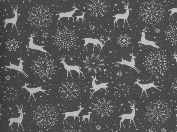 Snowflake Reindeer Polycotton Print, Grey