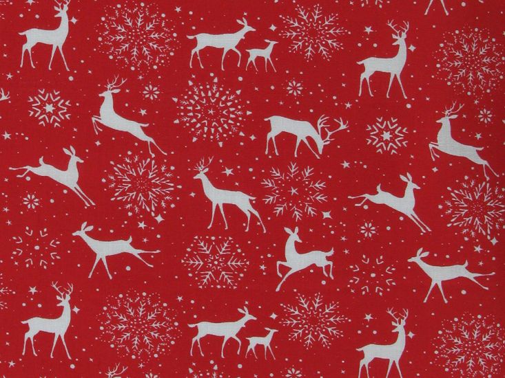 Snowflake Reindeer Polycotton Print, Red