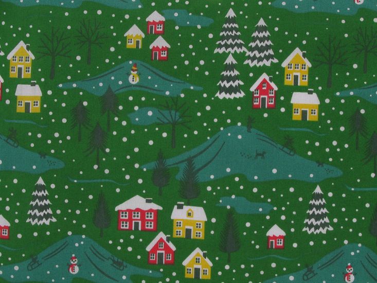 Snowy Season Polycotton Print, Green