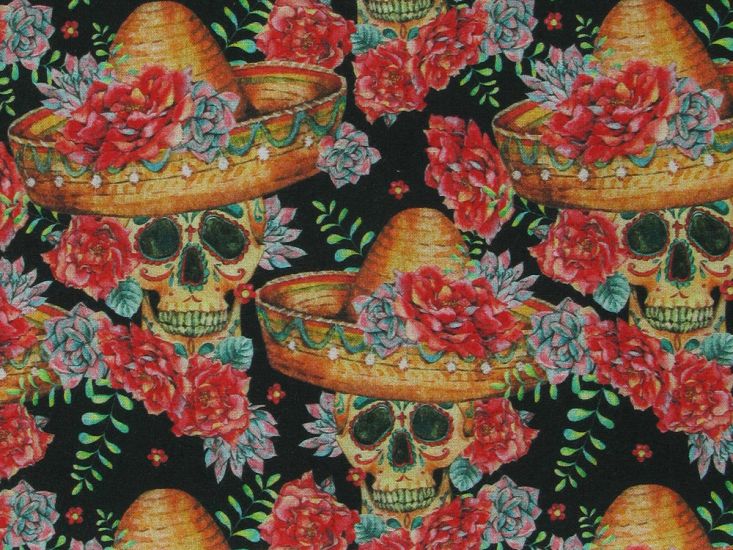 Sombrero Skull Cotton Print, Black