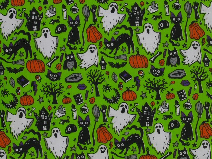 Spooky Night Halloween Polycotton Print, Lime