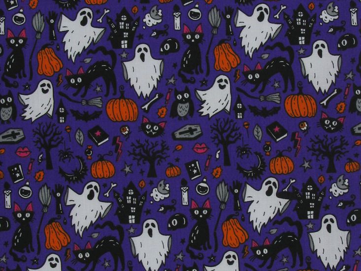 Spooky Night Halloween Polycotton Print, Purple