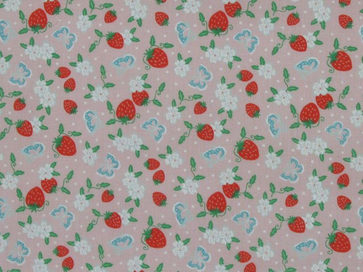 Strawberry Butterfly Polycotton Print, Pink