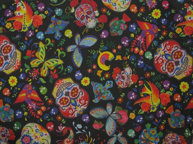 Sugar Skull Birds Cotton Rich Panama Canvas, Black