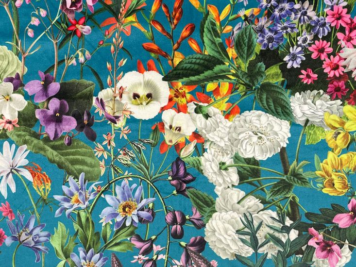 Summer Flora Printed Velvet, Turquoise