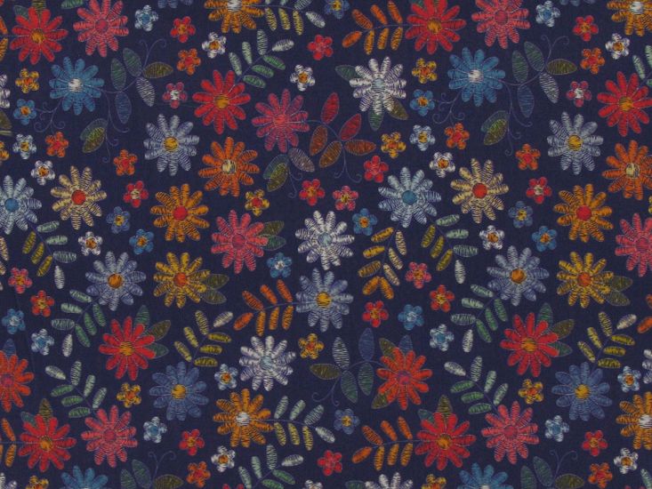 Threaded Bloom Cotton Lawn, Navy