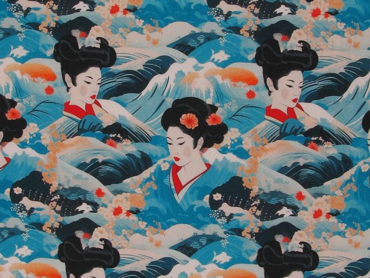 Tokaido Cotton Poplin Print, Geisha Tides