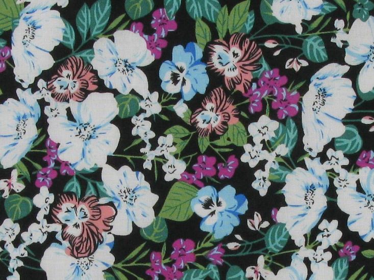 Tropical Floral Cotton Lawn, Black