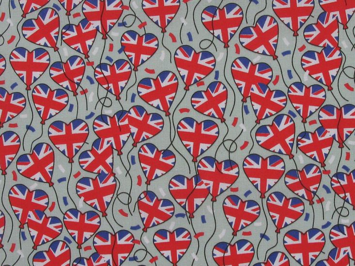 Union Jack Heart Balloons Polycotton Print, Sky