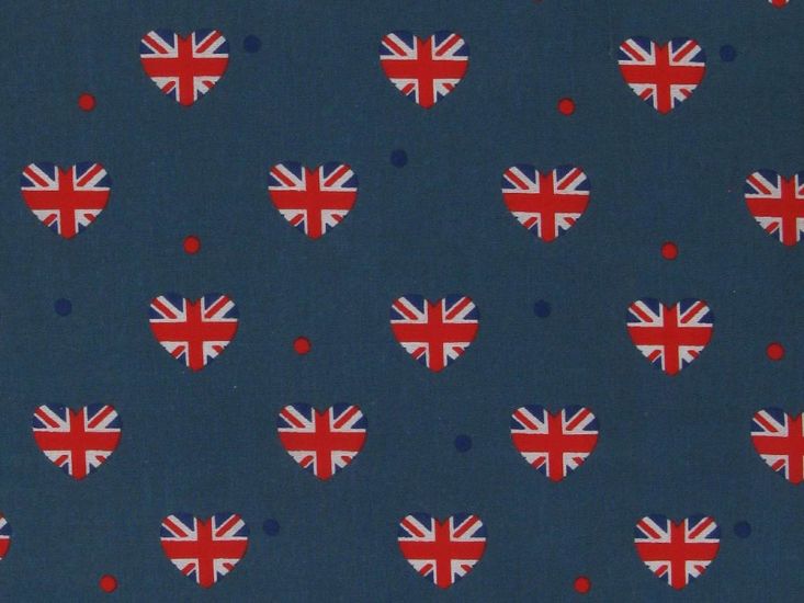 Union Jack Hearts Polycotton Print, Denim