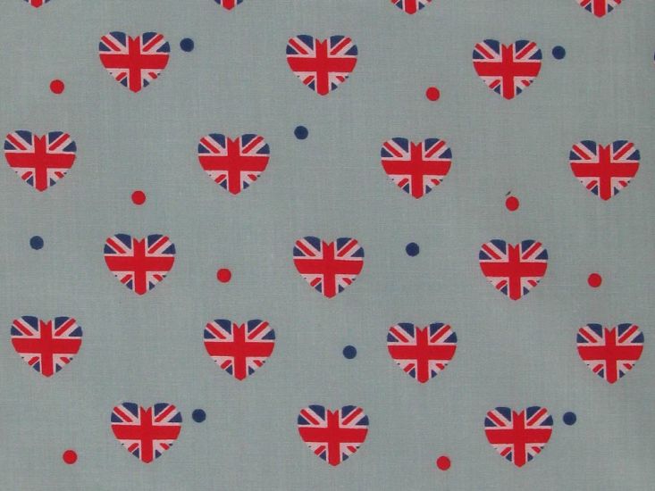 Union Jack Hearts Polycotton Print, Sky