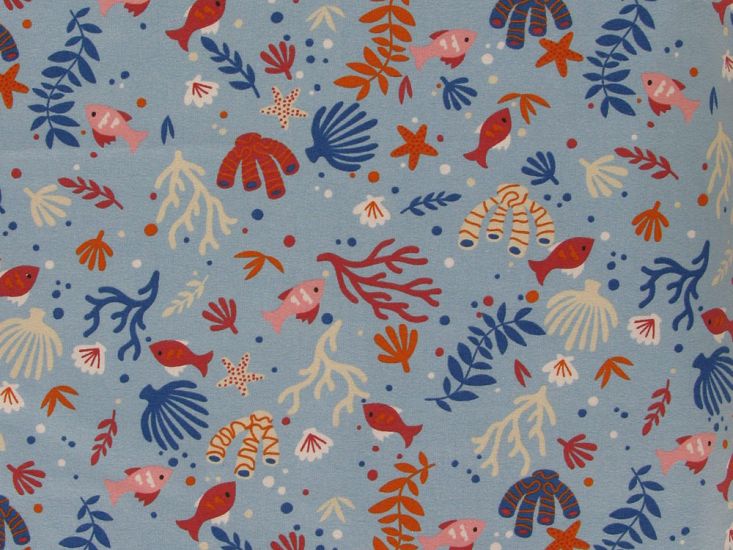 Vibrant Sealife Cotton Jersey Print, Light Blue