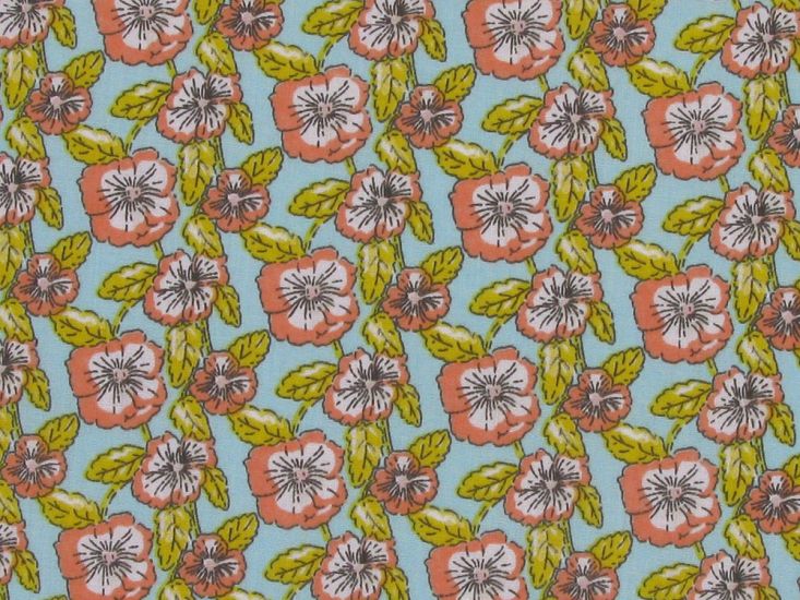 Vintage Floral Polycotton, Sky Blue