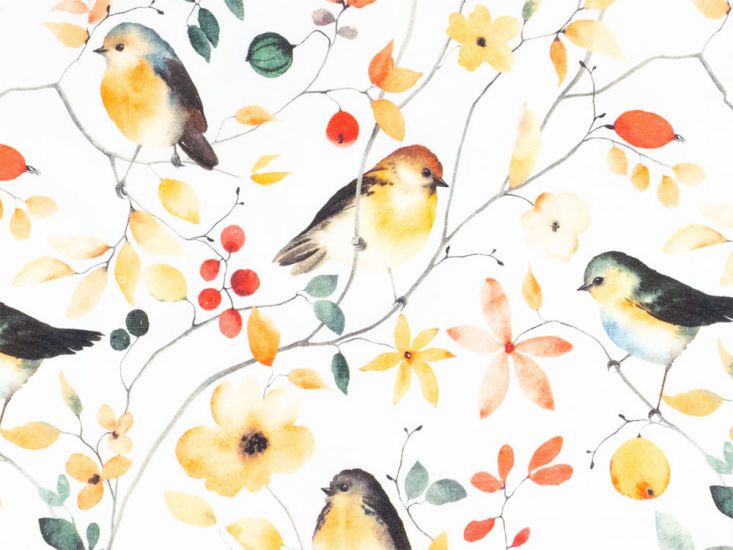 Watercolour Sparrow Branch Cotton Jersey