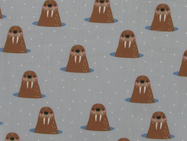 Whack a Walrus Christmas Polycotton Print, Silver