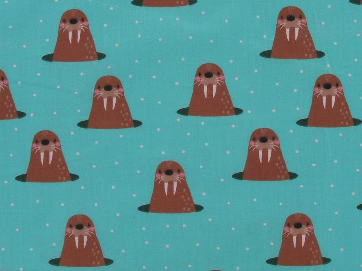 Whack a Walrus Christmas Polycotton Print, Teal