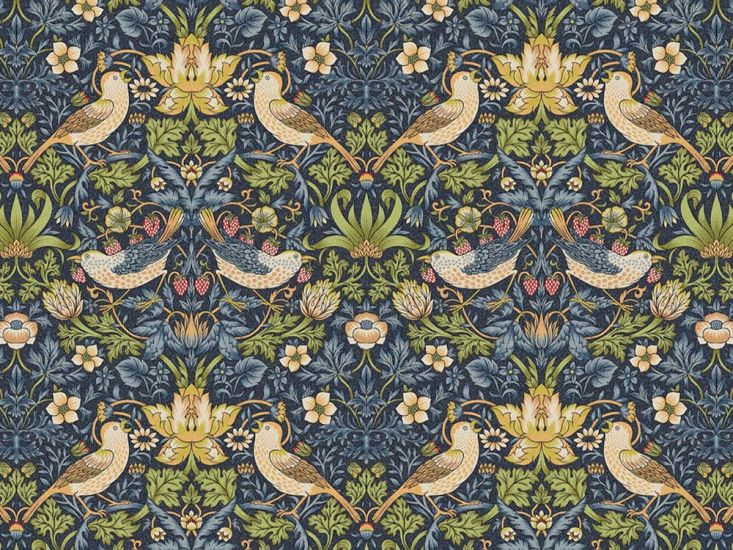 William Morris Strawberry Thief Cotton Panama, Navy