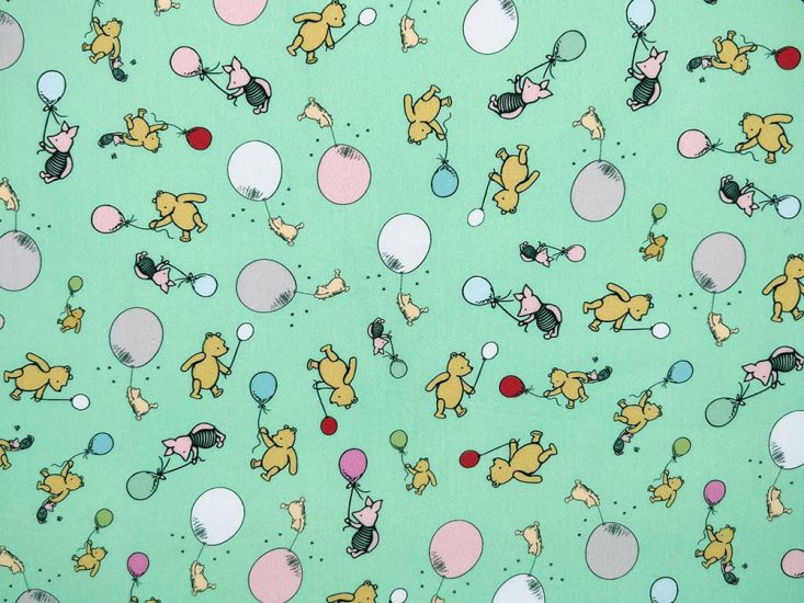 Winnie The Pooh Balloons Cotton Percale Print, Light Mint
