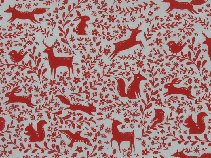 Winter Forest Scene Polycotton Print, Red