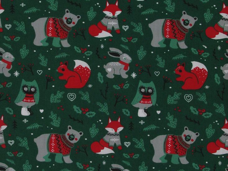 Woodland Animals Christmas Polycotton Print, Green