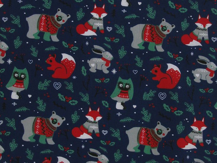 Woodland Animals Christmas Polycotton Print, Navy